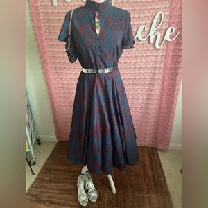 NWT Unique Vintage 1940s Red & Blue Asian Abstract Print Dress